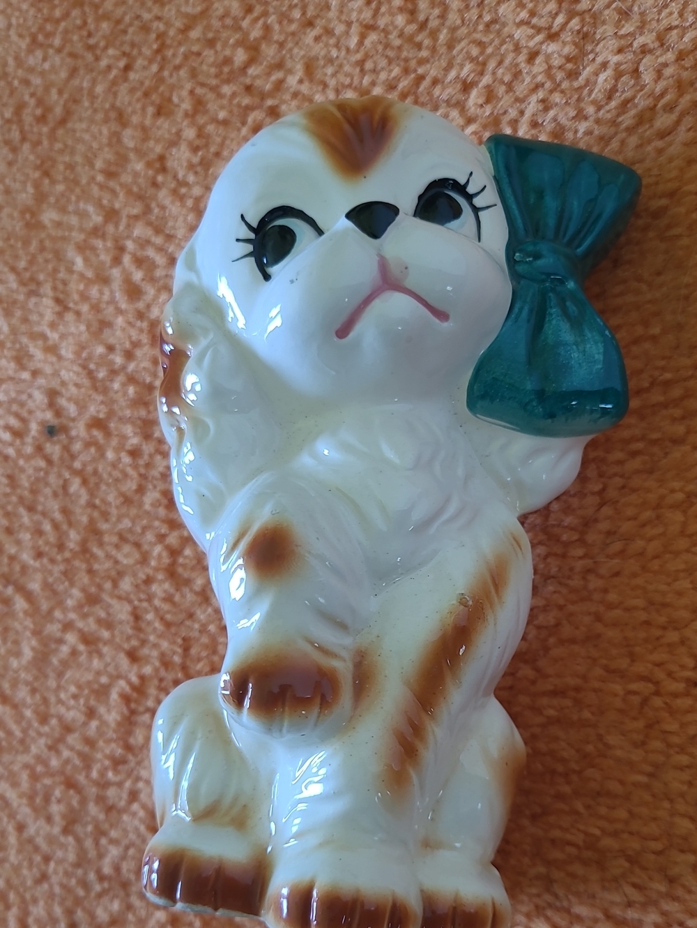 Vintage Ceramic Puppy Figurine with Teal Bow 1940-1950